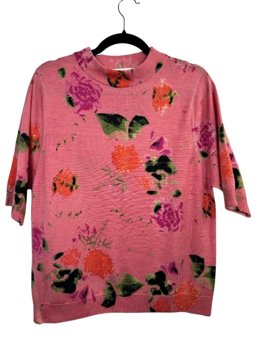Prabal Gurung Pink Floral Cashmere Wool Knit Sweater Womens Large Short Sleeve